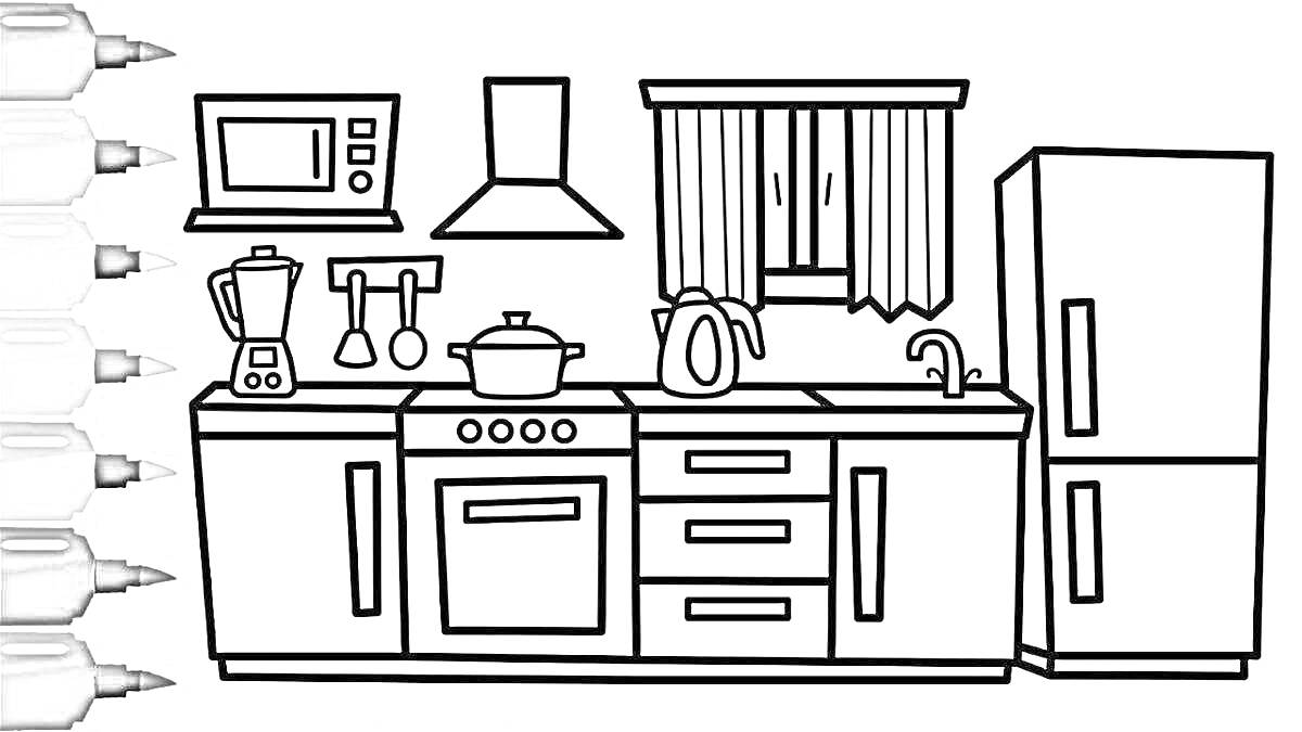 На раскраске изображено: Кухня, Кухонная техника, Холодильник, Плита, Духовка, Вытяжка, Микроволновая печь, Блендер, Мебель, Шторы, Кастрюли, Чайники
