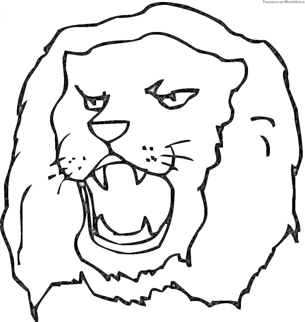 На раскраске изображено: Лев, Голова льва, Животные, Грива, Пасть, Агрессивное выражение, Контурные рисунки