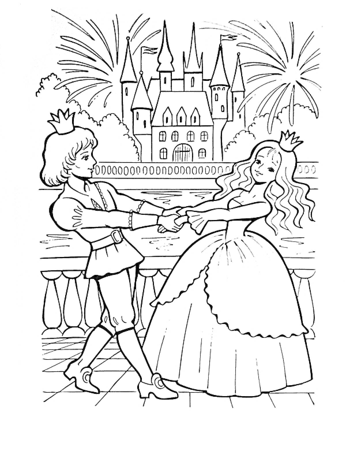 На раскраске изображено: Принцесса, Принц, Замок, Танец, Бал, Салют, Из сказок, Любовь, Корона