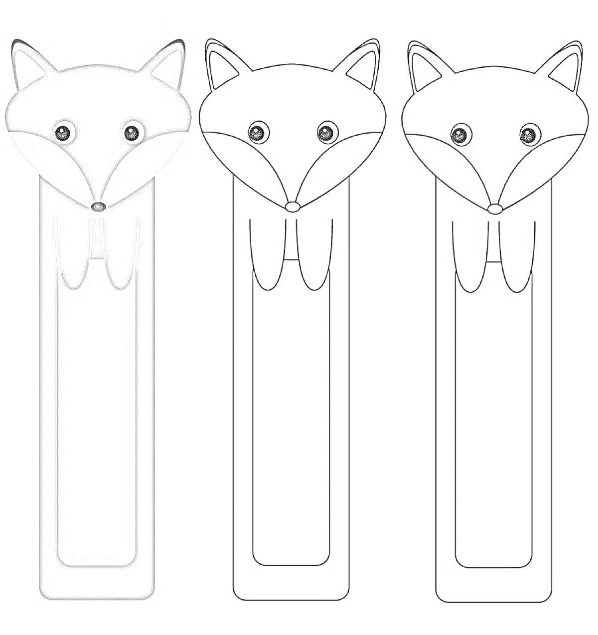 Раскраска длинный кот в виде закладки для книги, три различных изображения: раскрашенный, контурный, контурный с серыми ушами и мордочкой