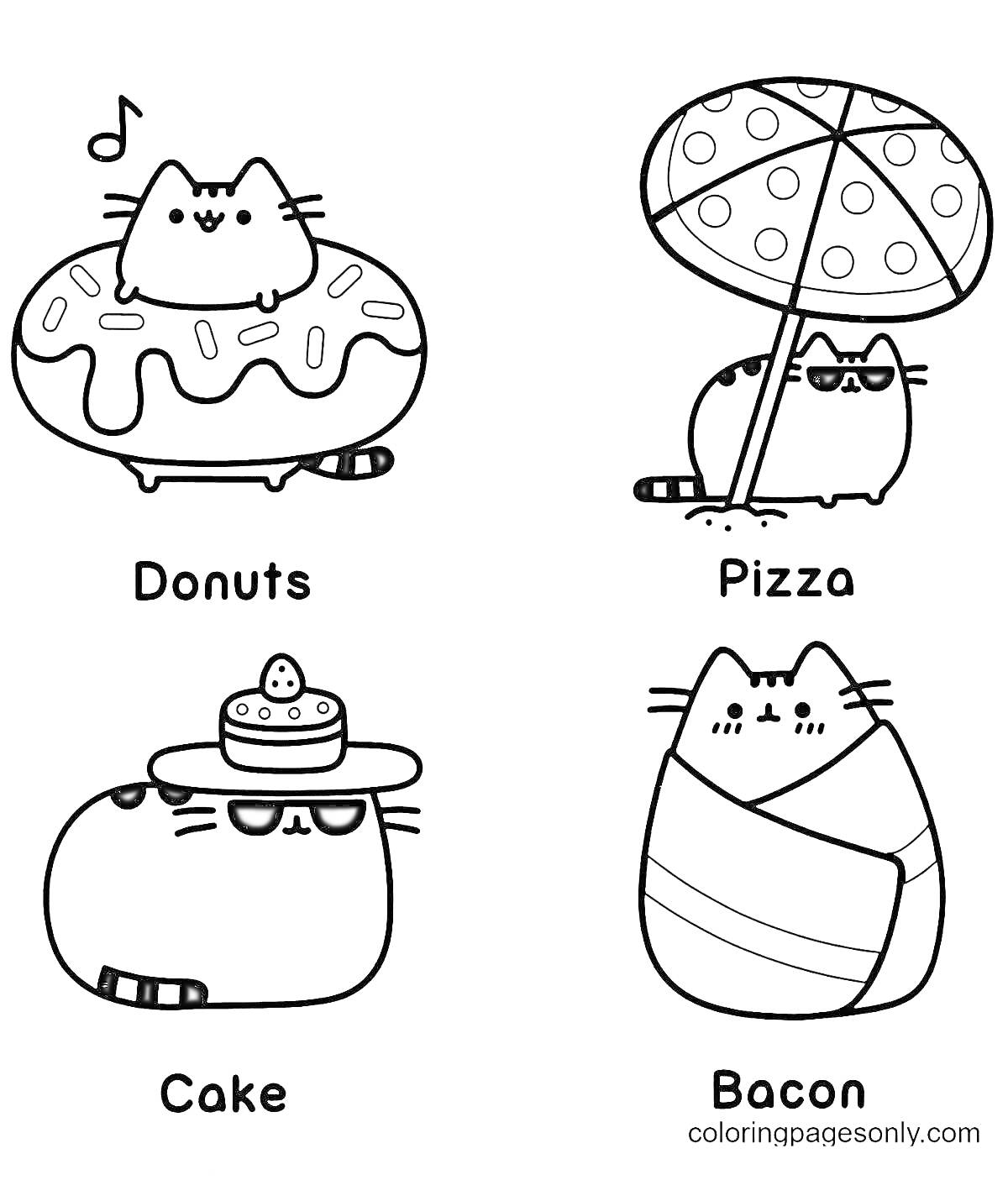 На раскраске изображено: Пончик, Пицца, Зонт, Торт, Бекон, Еда, Кот, Кот Леопольд