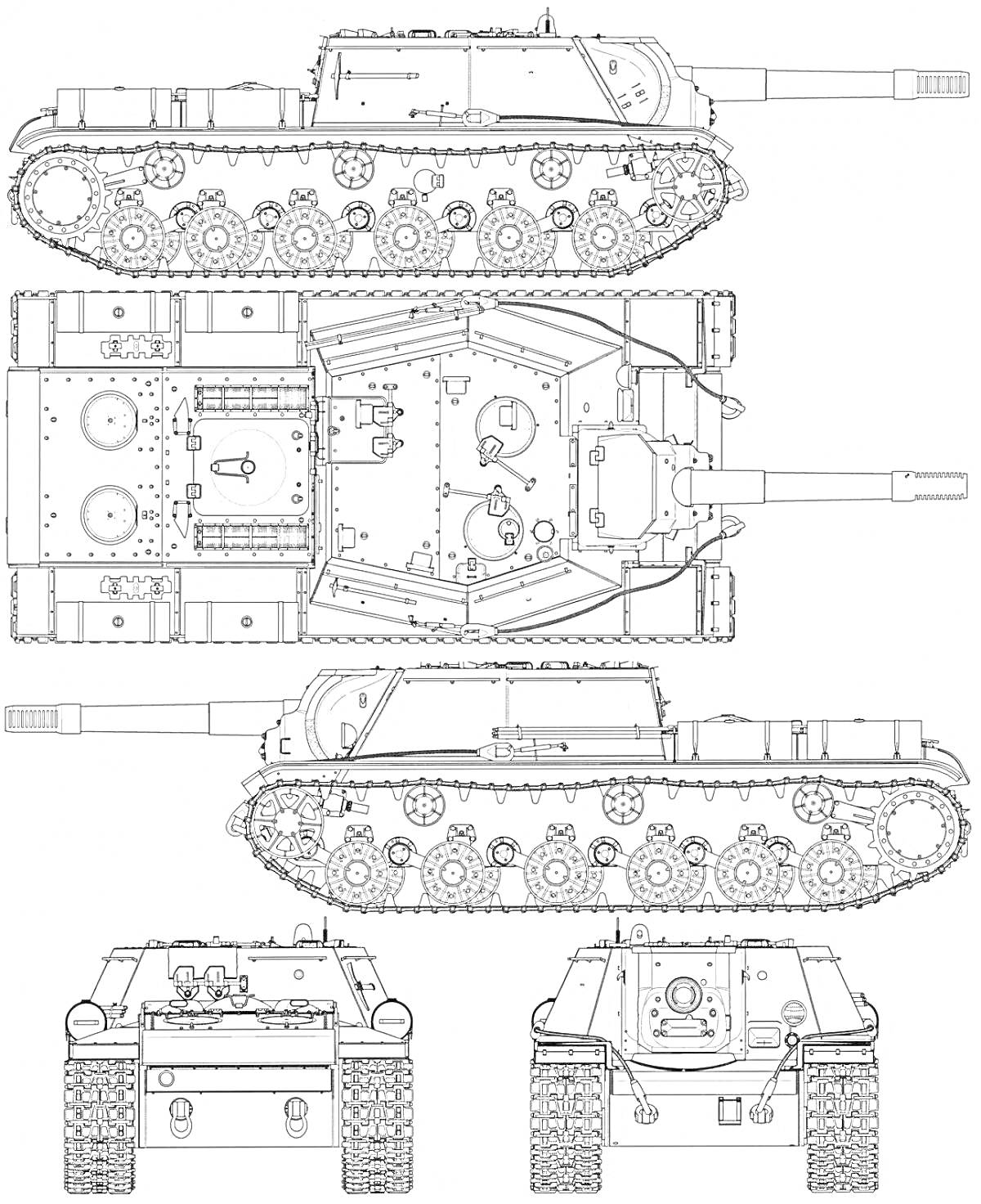 Раскраска Вид разных ракурсов танка ИСУ-152, включая боковую, верхнюю и переднюю проекцию