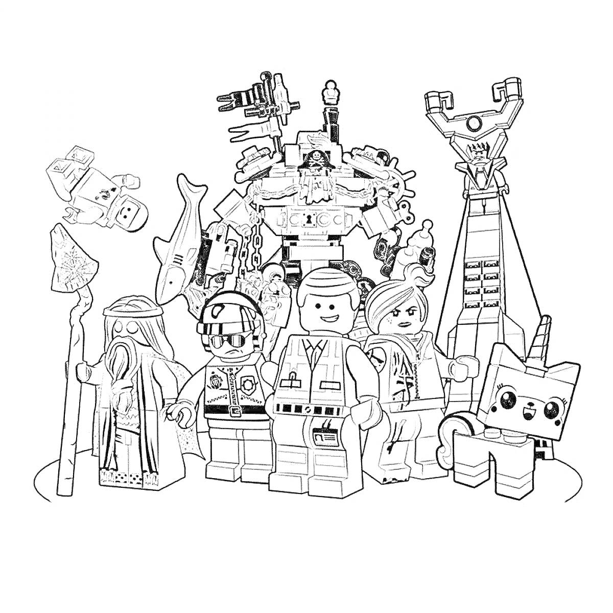 На раскраске изображено: Юникитти, Лего, Робот, Скелет