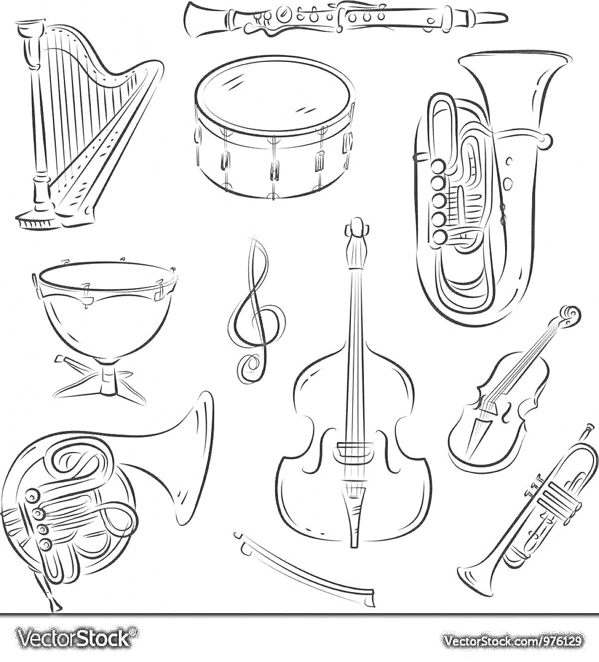 На раскраске изображено: Оркестр, Музыка, Арфа, Барабан, Туба, Труба, Контрабас, Скрипка, Литавры, Дирижер, Скрипичный ключ
