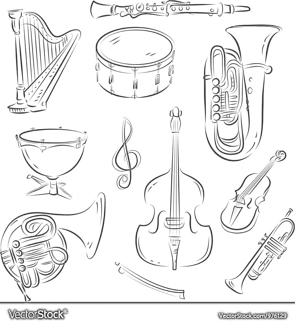 Раскраска Симфонический оркестр: арфа, тарелки, туба, литавры, скрипичный ключ, контрабас, скрипка, труба, рожок, палочка дирижера
