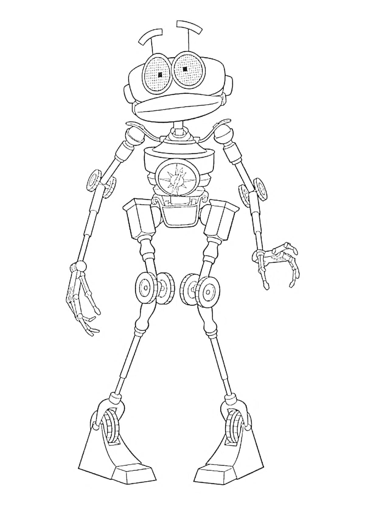 Раскраска Робот с антенной на голове, большими глазами и длинными ногами с крупными стопами