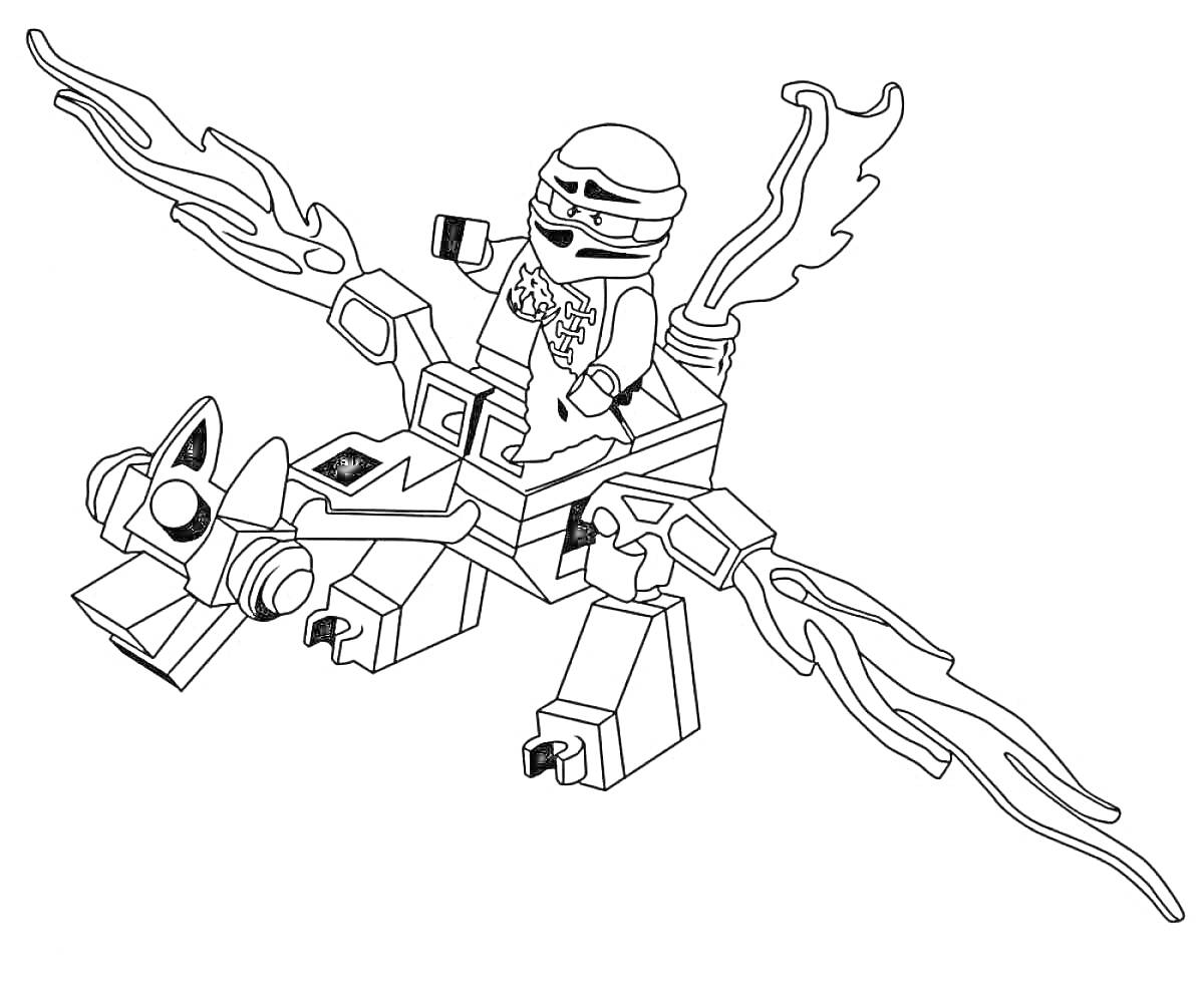 Раскраска Ниндзя в шлеме на механическом драконе с огненными крыльями