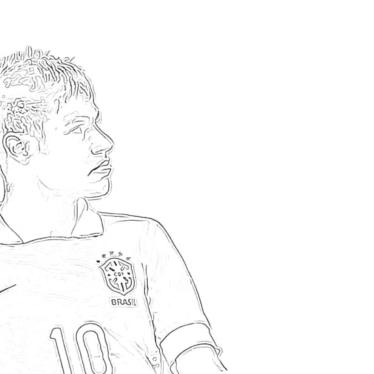 Раскраска Портрет бразильского футболиста с номером 10 на футболке в черно-белом формате для раскрашивания