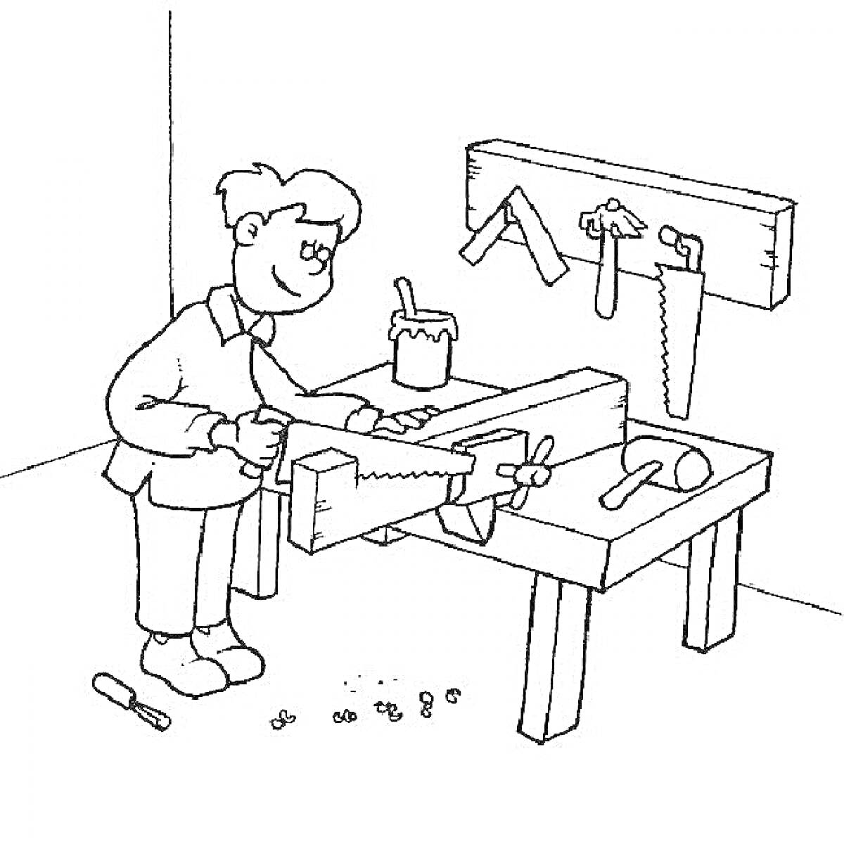 Плотник за рабочим столом с инструментами (пила, молоток, клещи, карандаш, струбцина и гвозди)