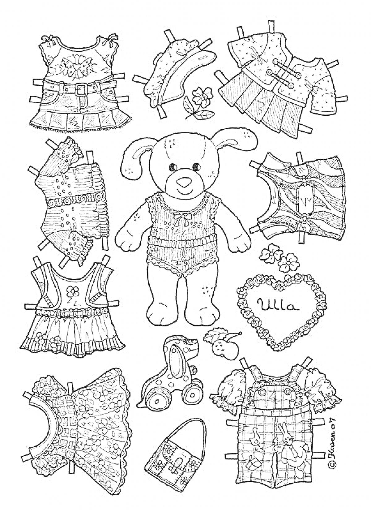 Раскраска Лалафанфан уточка с нарядами для вырезания: платье с ромашками, кроссовки с цветочками, верхняя одежда с цветочным узором и бантами, платье с узором в полоску, платье со словом 
