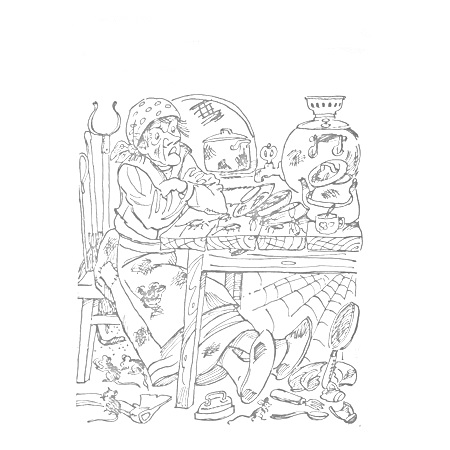 Раскраска Старушка в платке сидит за столом с грязной посудой, сломанные предметы около стола