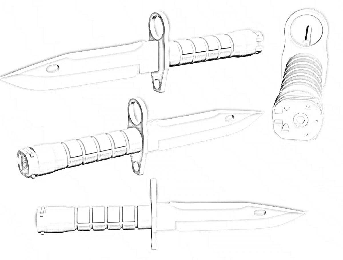 Раскраска Раскраска M9 байонет Standoff 2, вид с разных ракурсов - три лезвия с разными видами на клинки, включая вид спереди и сверху на нож с ручкой