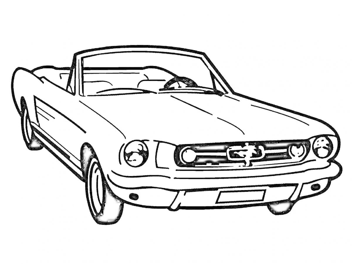 Раскраска с изображением классического автомобиля Форд Мустанг, вид спереди, кабриолет