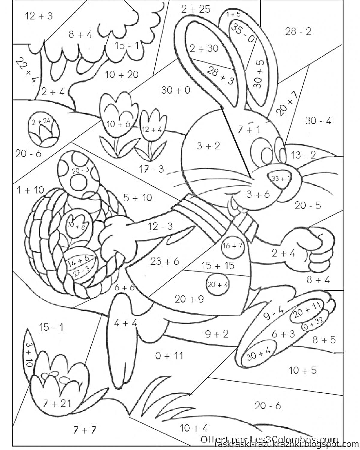 Раскраска Заяц с корзиной и цветами, задачи на сложение и вычитание до 10