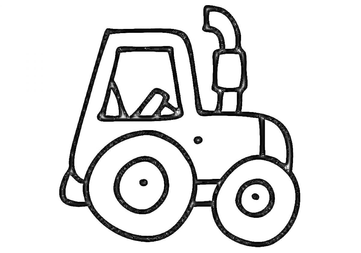 На раскраске изображено: Трактор, Колеса, Транспорт, Для малышей, Для детей, Выхлопные трубы, Кабина водителя
