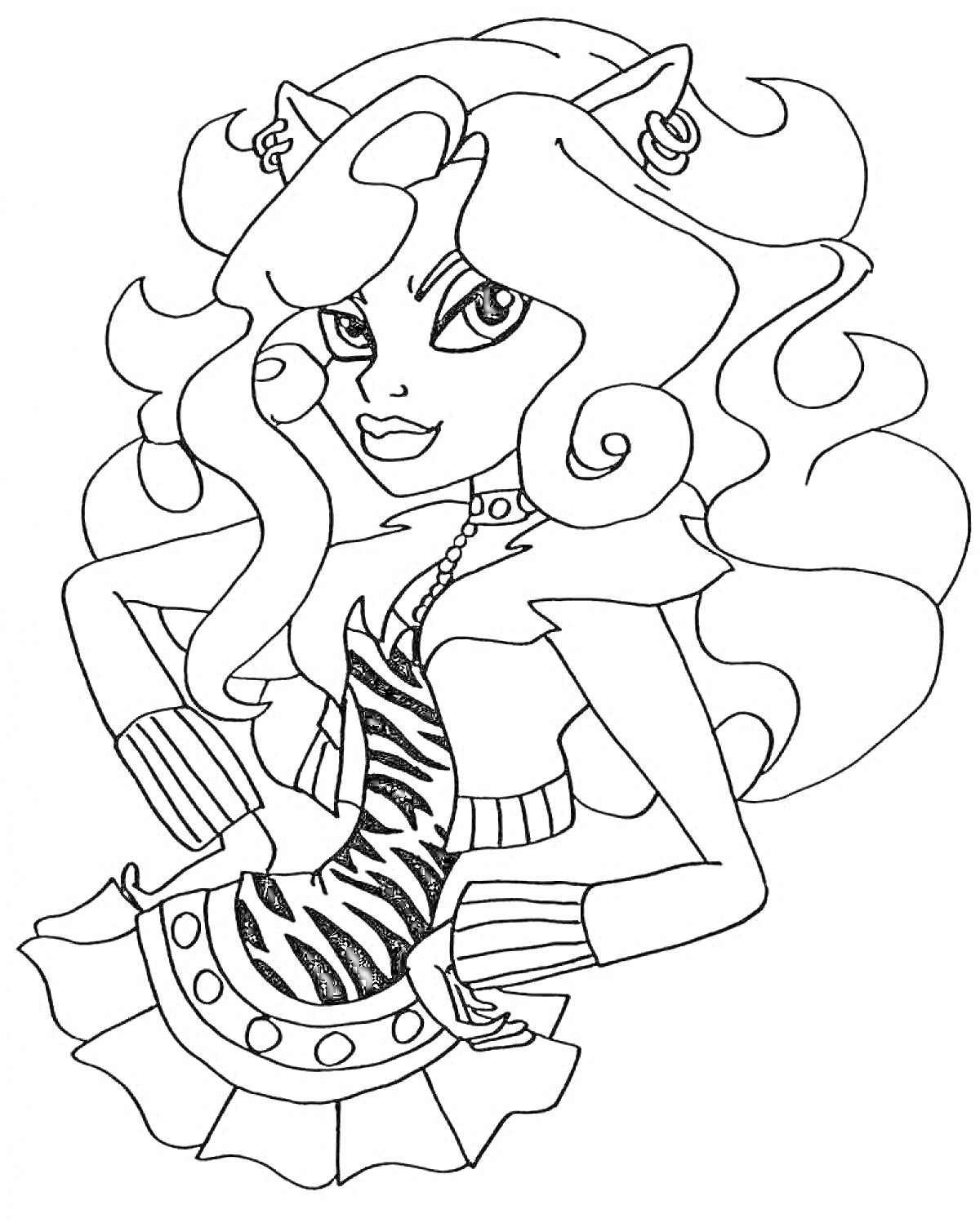 Девушка-монстр с длинными волнистыми волосами, кошачьими ушами и полосатым топом