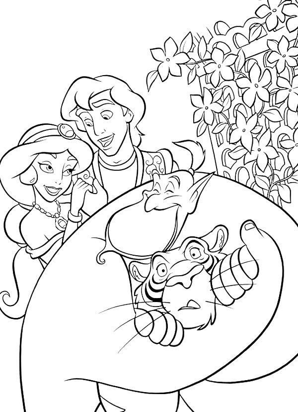 Раскраска Аладдин и Жасмин с Абу и Раджой на фоне цветущих кустов