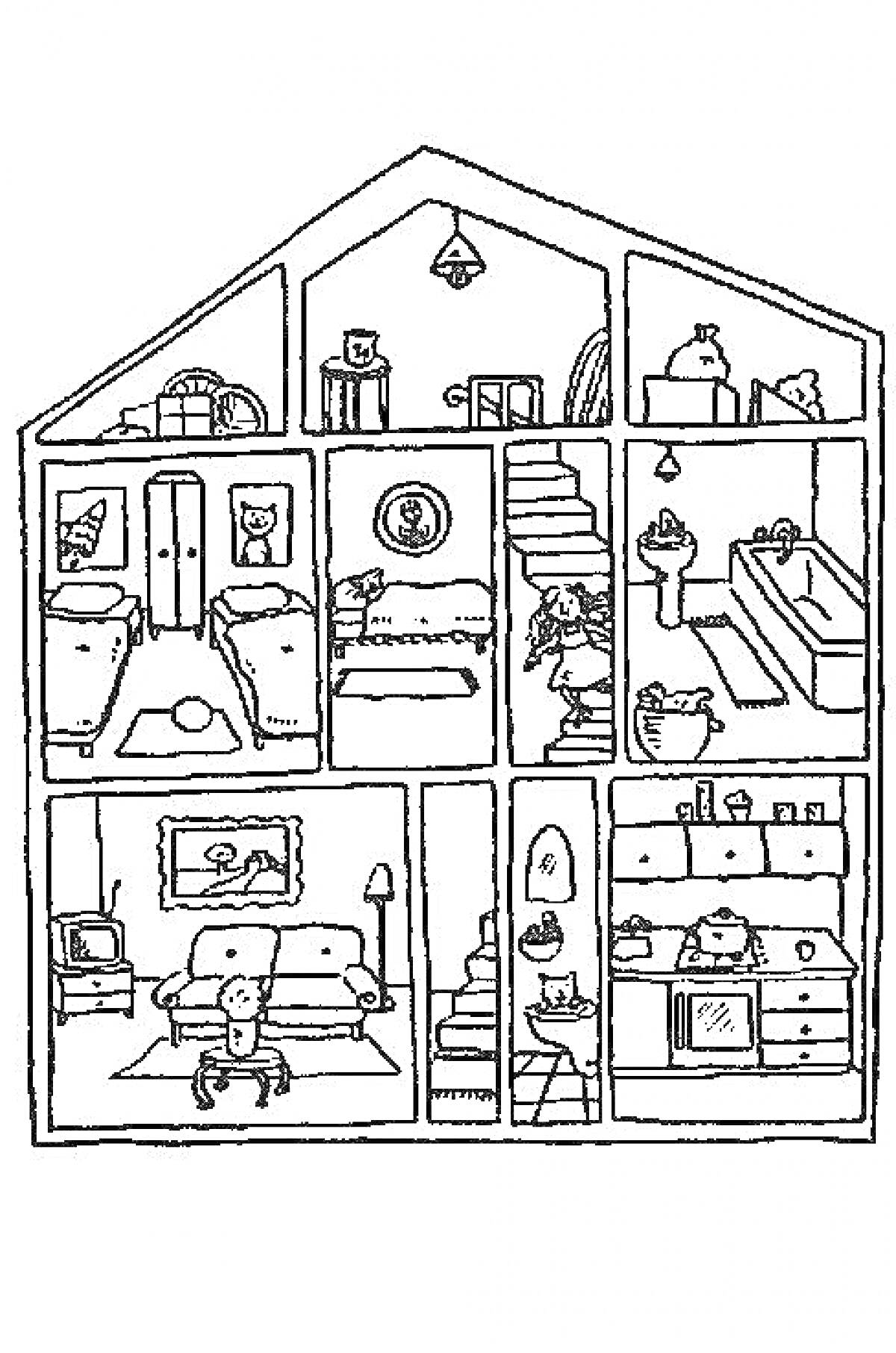 Домик внутри с домашними питомцами, мебелью, лестницами и домашней обстановкой