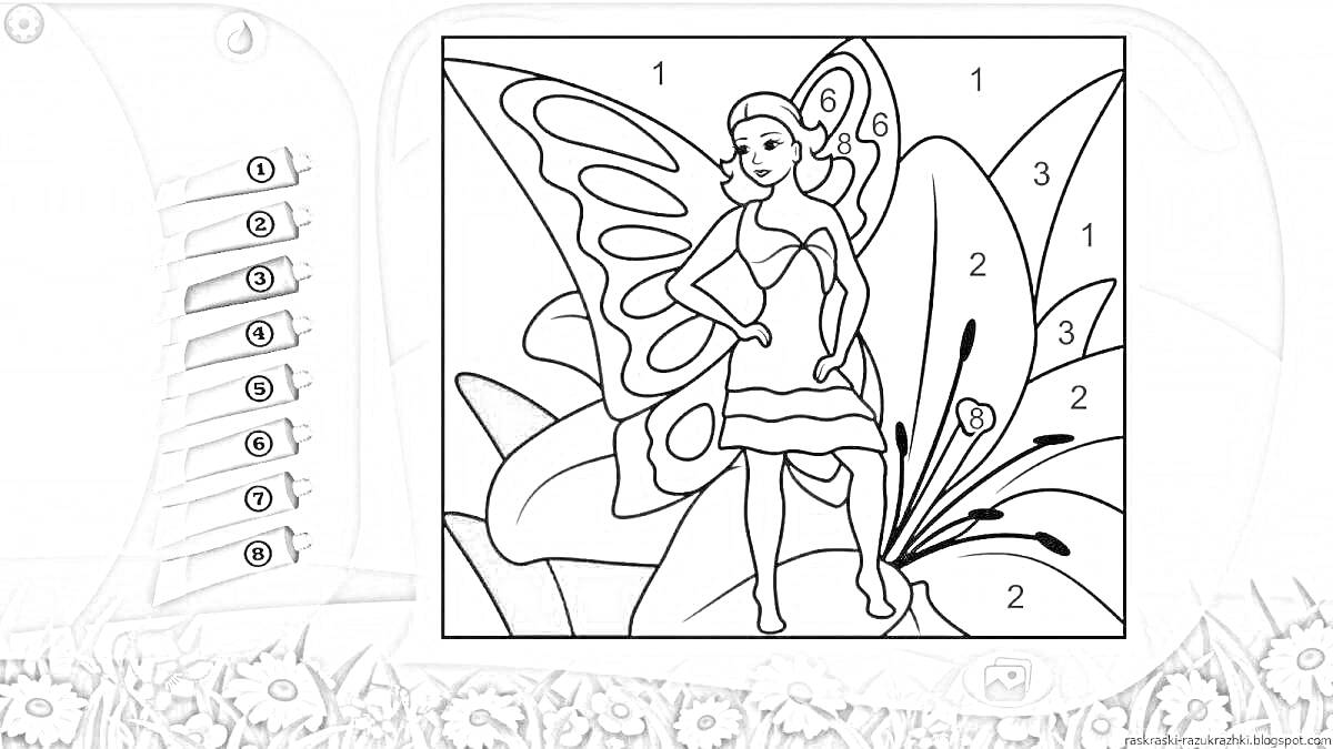 Раскраска Фея с бабочками и цветами