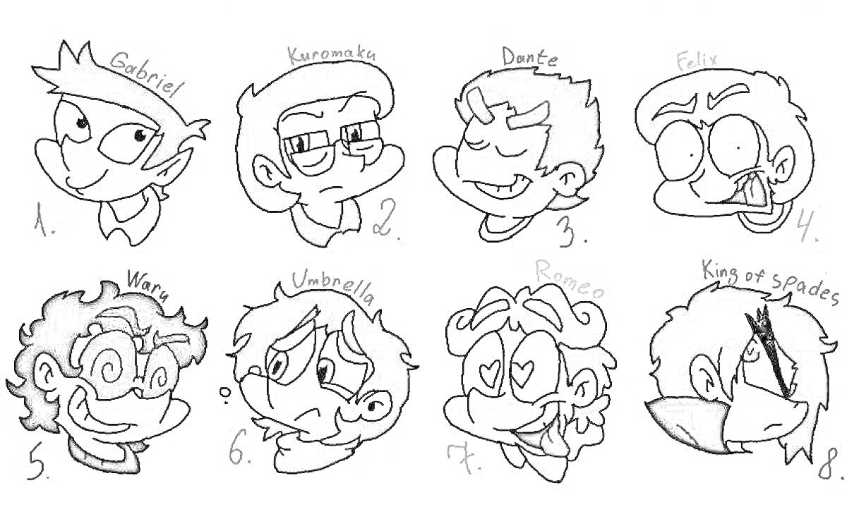 Раскраска Восемь персонажей с различными выражениями лиц