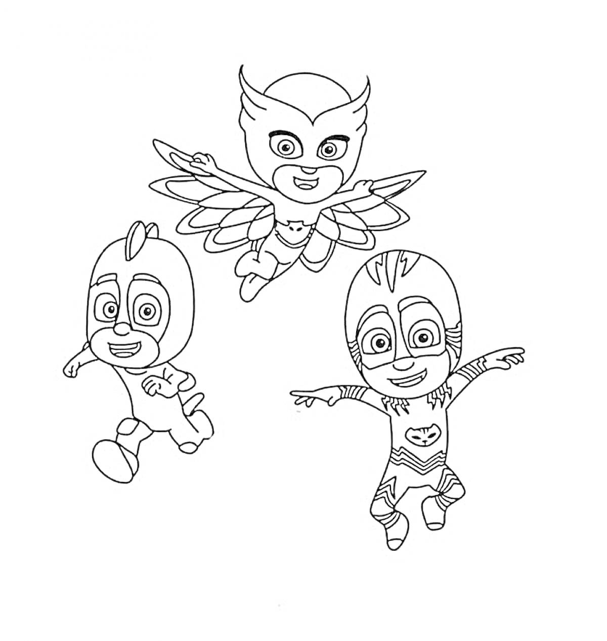Три героя в масках: Совиный крылатый герой, маскированный летающий герой, маскированный бегающий герой