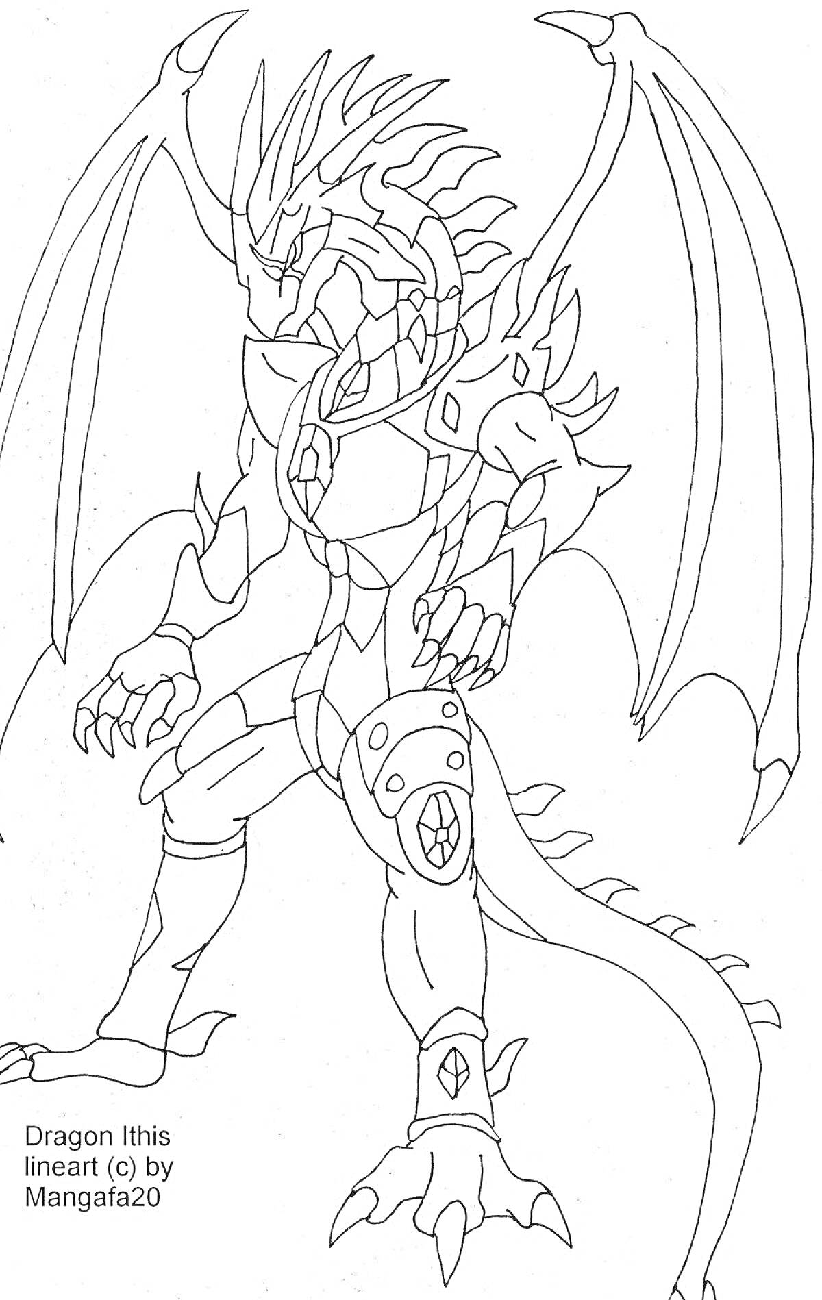 На раскраске изображено: Робот, Дракон, Крылья, Броня, Фантазия, Боевой робот, Мифические существа