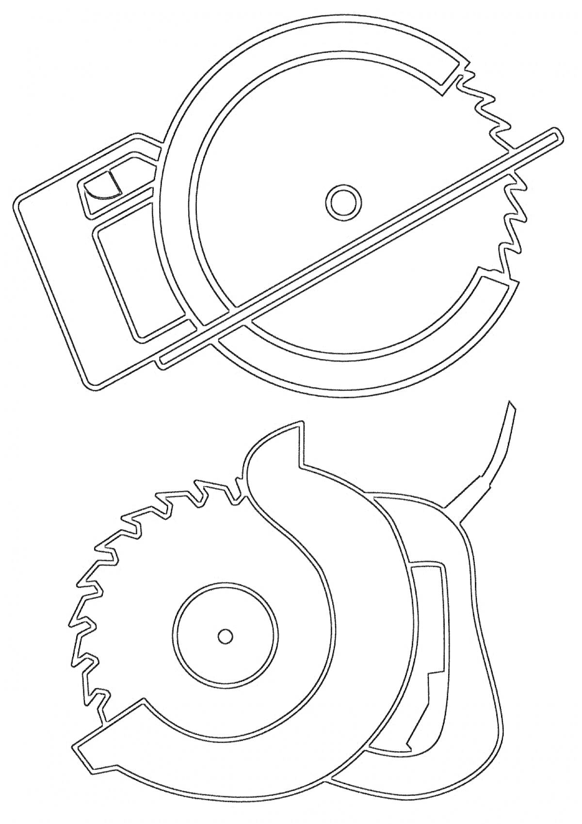 Раскраска Две округлые бензопилы с корпусами и зубчатыми дисками