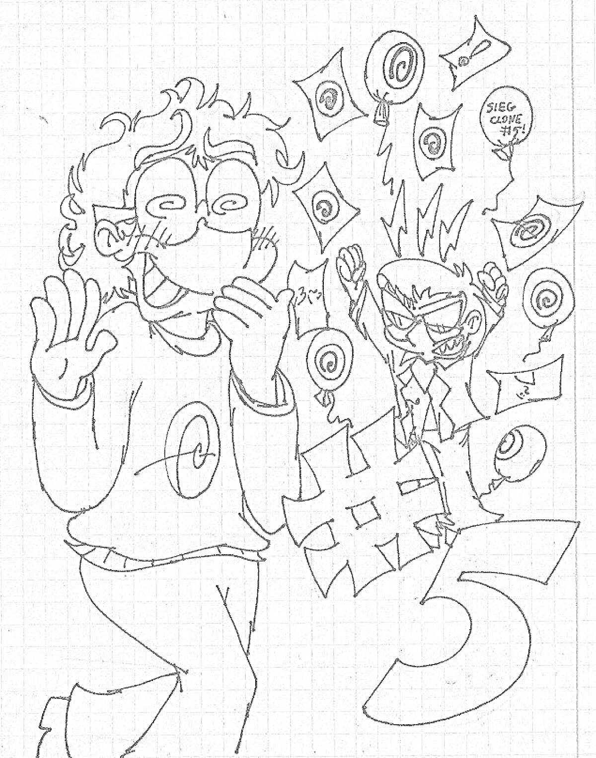 Раскраска Двое персонажей: один радуется, другой с палочкой и бумажными листками, на которых нарисованы глаза; надпись 