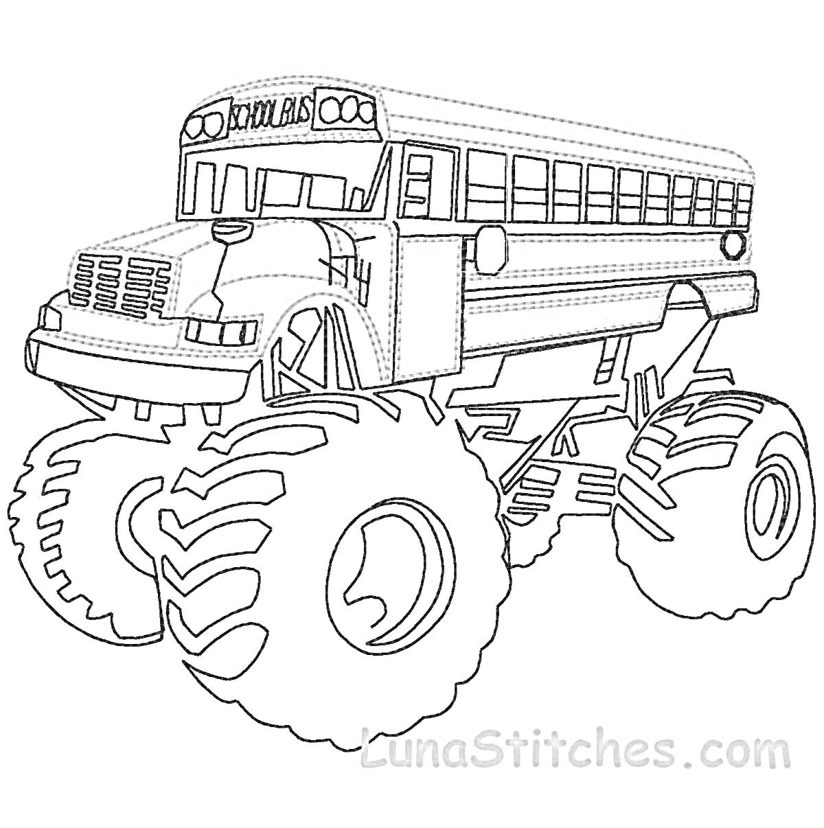 На раскраске изображено: Школьный автобус, Большие колеса, Транспорт, Школьный транспорт