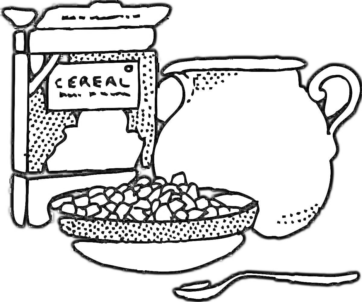 Раскраска Пачка крупы, тарелка с гречкой, кувшин и ложка