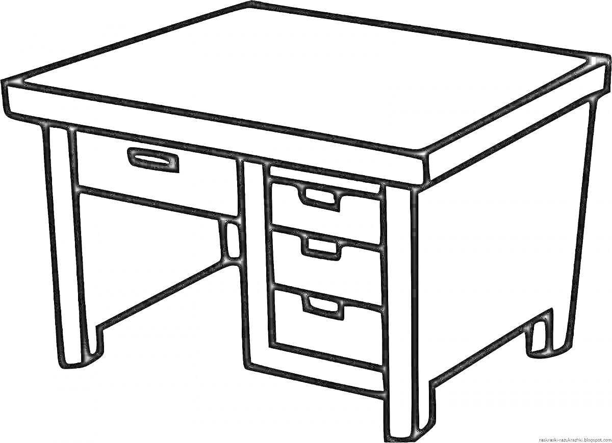 На раскраске изображено: Письменный стол, Стол, Ящики, Мебель