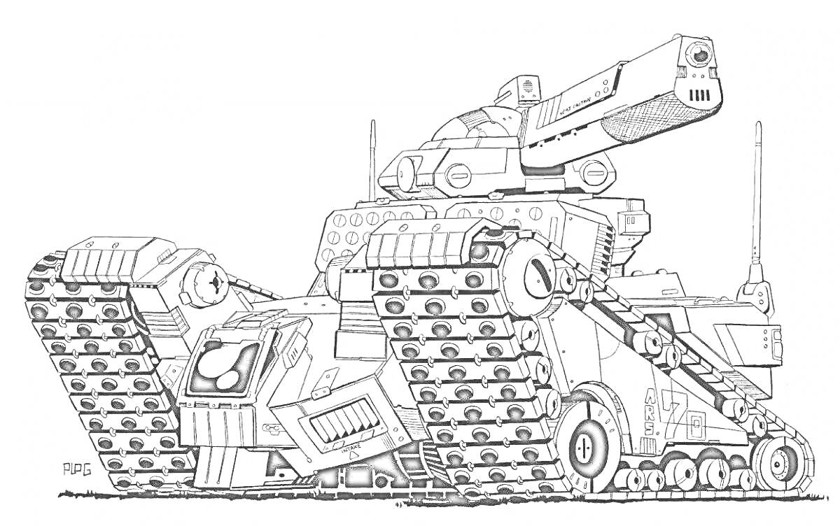 На раскраске изображено: Боевой танк, Гусеницы, Антенны, Тяжелая техника, Военная машина