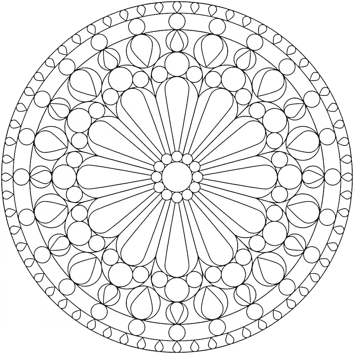 Раскраска Орнамент в круге с центральным цветочным узором и окружностями