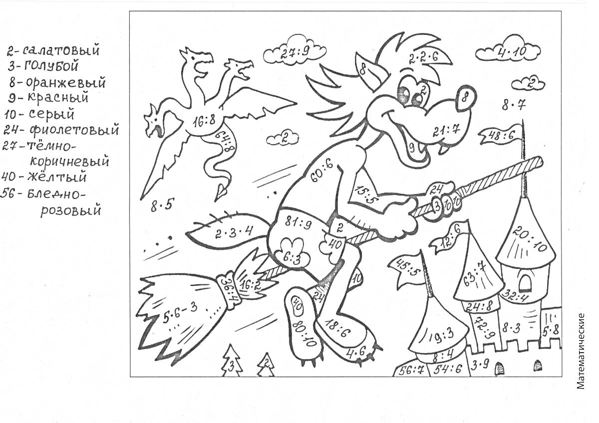 Раскраска Волк на метле с драконами, замком и облаками, изучает арифметику