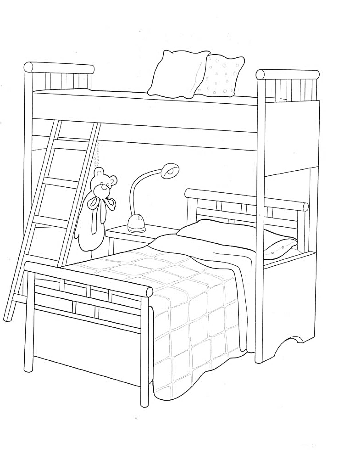 На раскраске изображено: Двухъярусная кровать, Лестница, Стол, Лампа, Мебель, Спальня, Подушка, Игрушки
