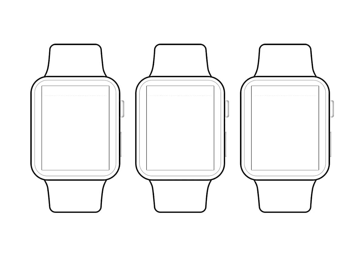 Раскраска Три эппл вотч с пустыми экранами и ремешками
