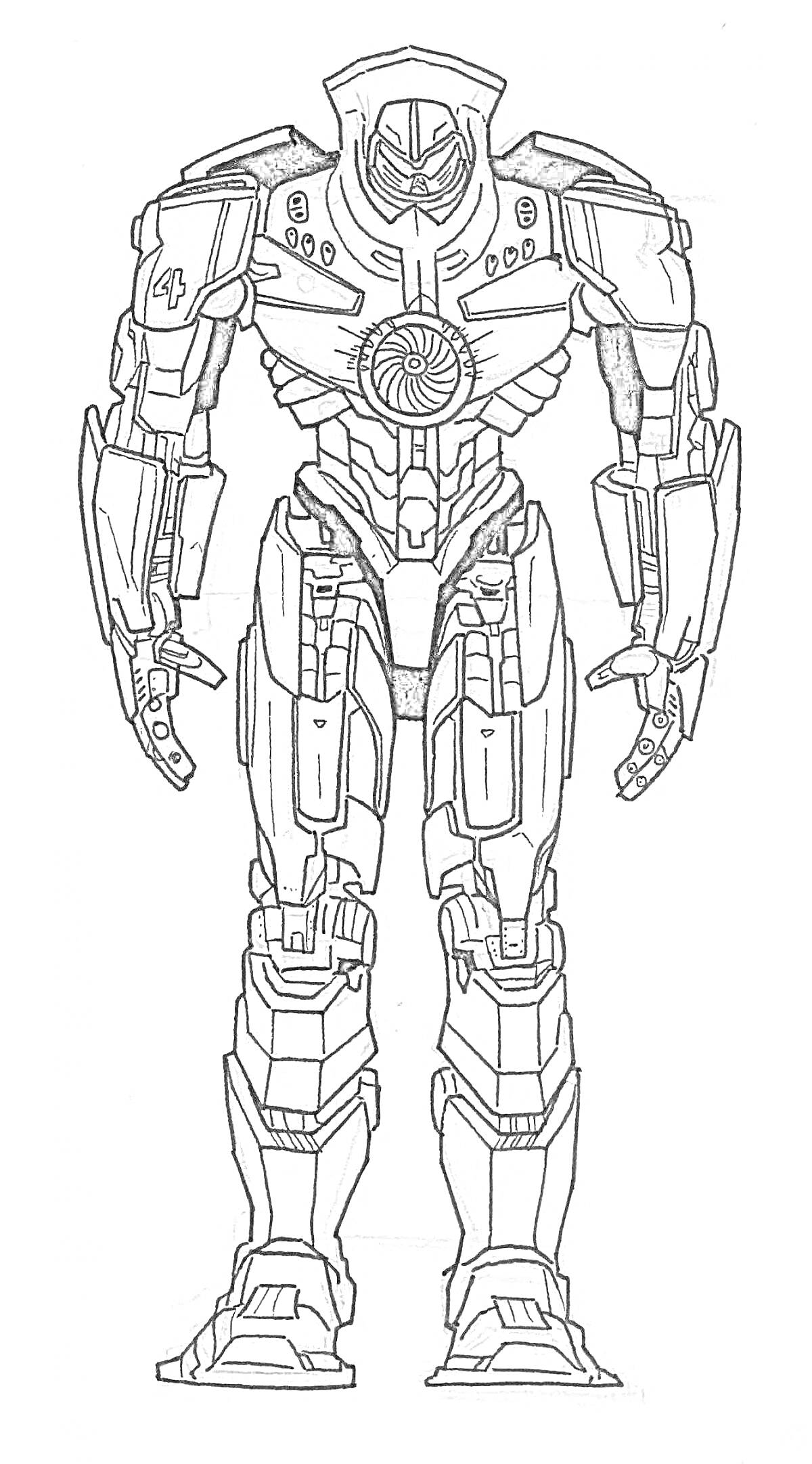На раскраске изображено: Робот, Номер 4, Броня, Меха, Боевой робот