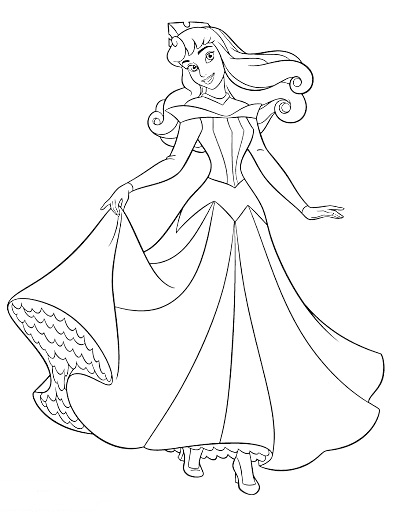 Раскраска Принцесса Аврора в длинном пышном платье с короной, стоящая на одной ноге с поднятым подолом платья