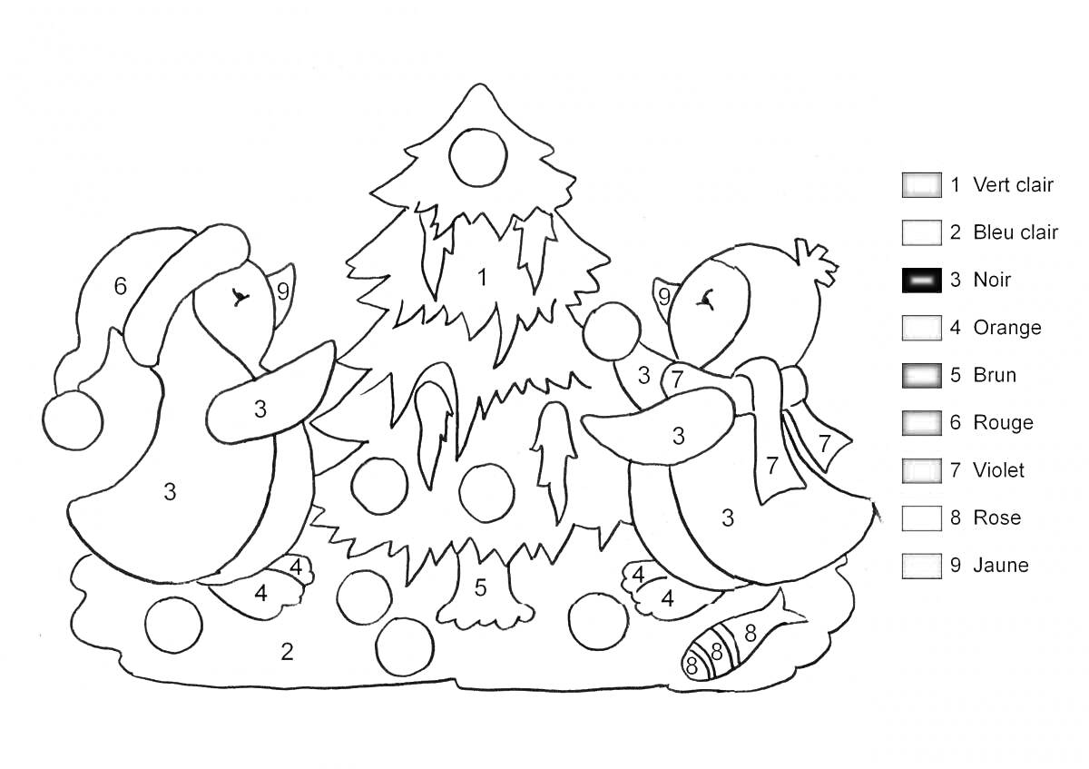 Раскраска Пингвины наряжают новогоднюю елку с игрушками и подарком