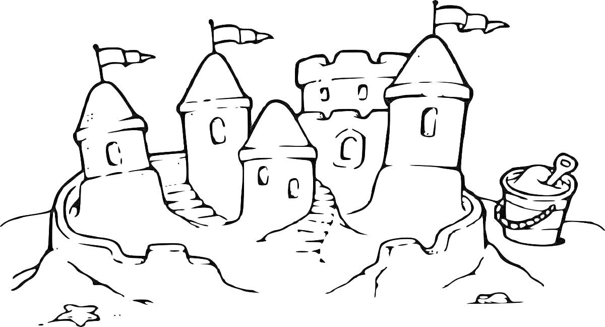 На раскраске изображено: Снежная крепость, Башни, Ведёрко, Зима, Снег