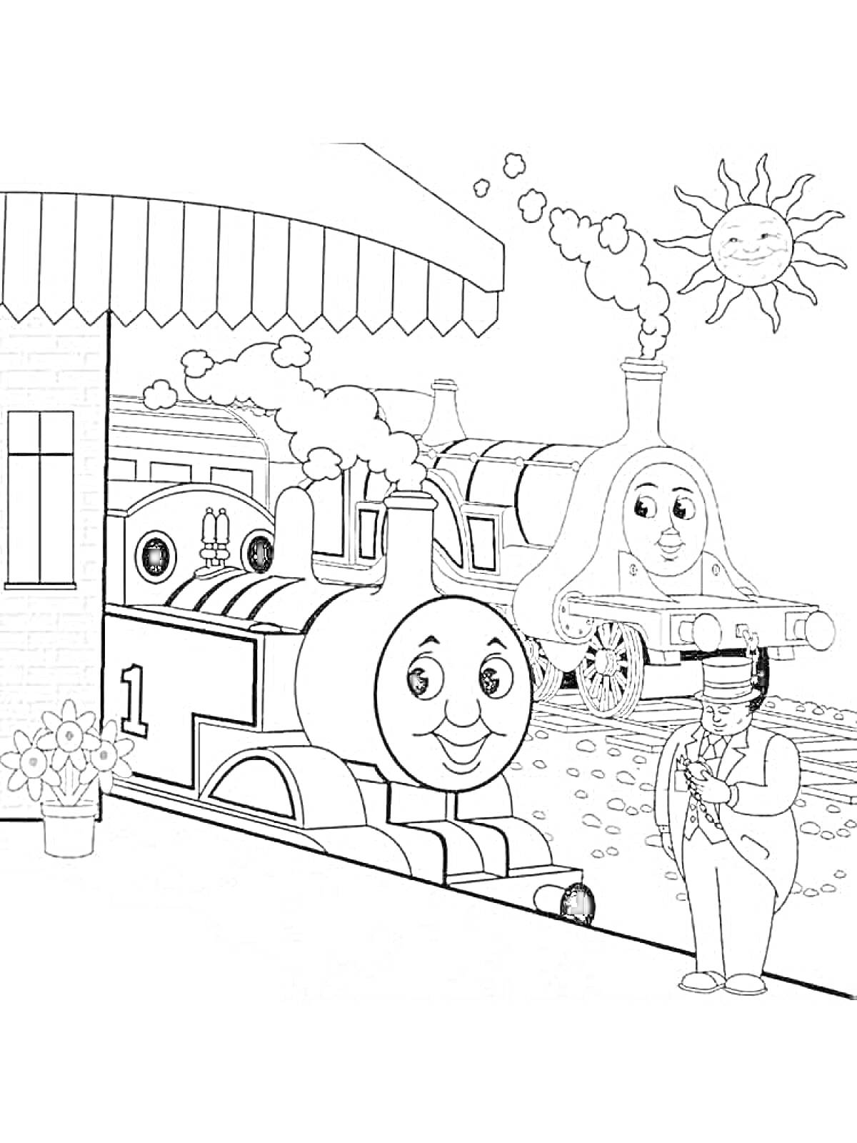 На раскраске изображено: Паровозик Томас, Человек, Вокзал, Цветы, Солнце, Паровоз