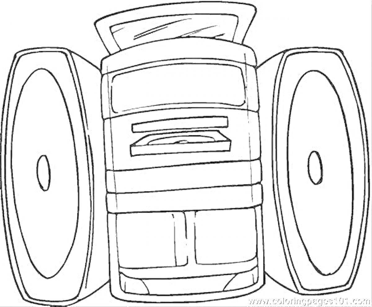Раскраска Музыкальный центр с двумя колонками и CD-плеером