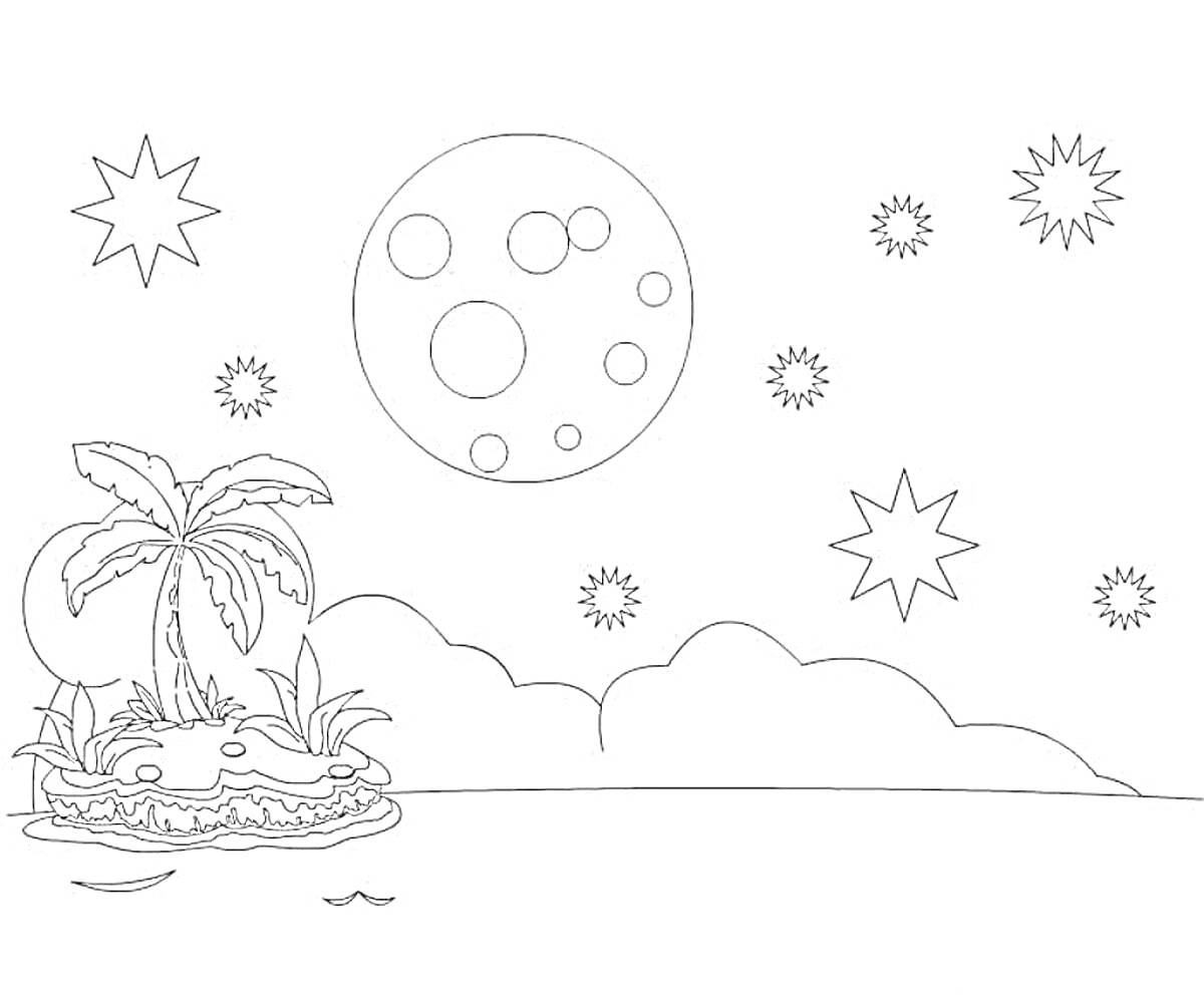 Раскраска Ночное небо с луной, звездами, облаками и островом с пальмой