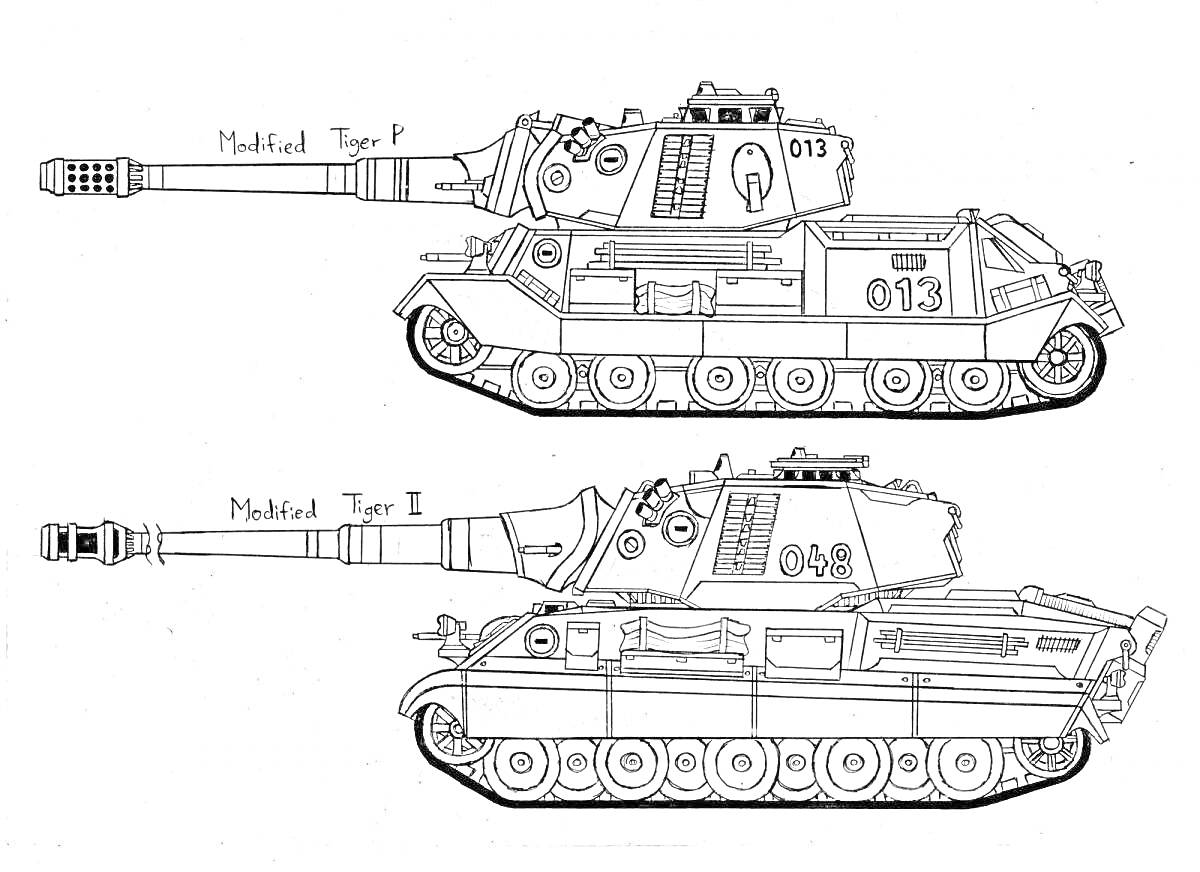 Раскраска с изображением двух модификаций танка Тигр 2 (Modified Tiger P и Modified Tiger II), номер на башне 013 и 041, гусеницы, пушка, башня, корпус, колёса