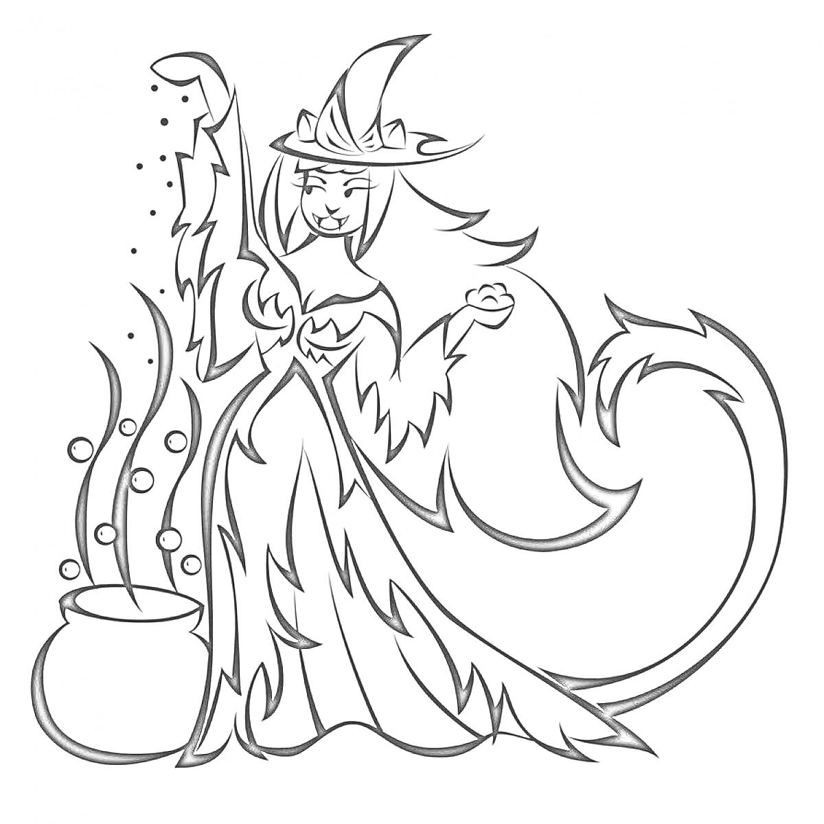 Раскраска Ведьма с длинным хвостом в шляпе, колдующая над котлом
