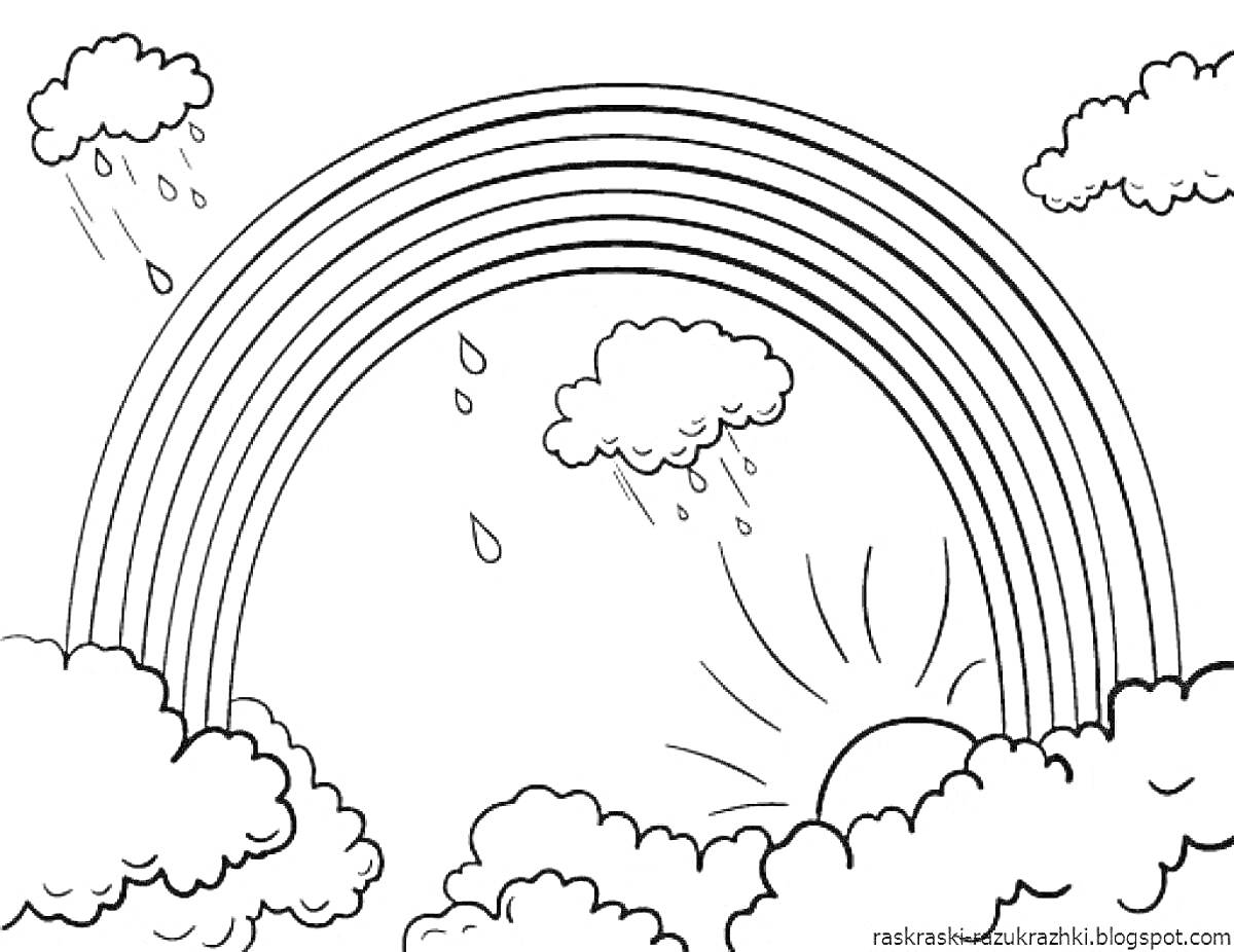 Раскраска Радуга с дождевыми облаками и солнцем на небесах
