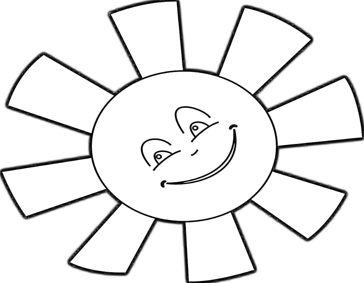Раскраска Солнышко с улыбающимся лицом и лучиками