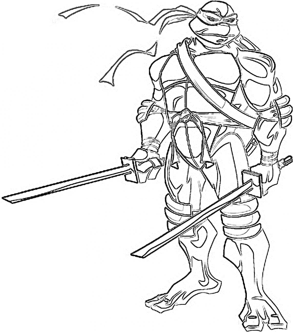 Раскраска Черепашка-ниндзя с двумя мечами, повязка на глазу