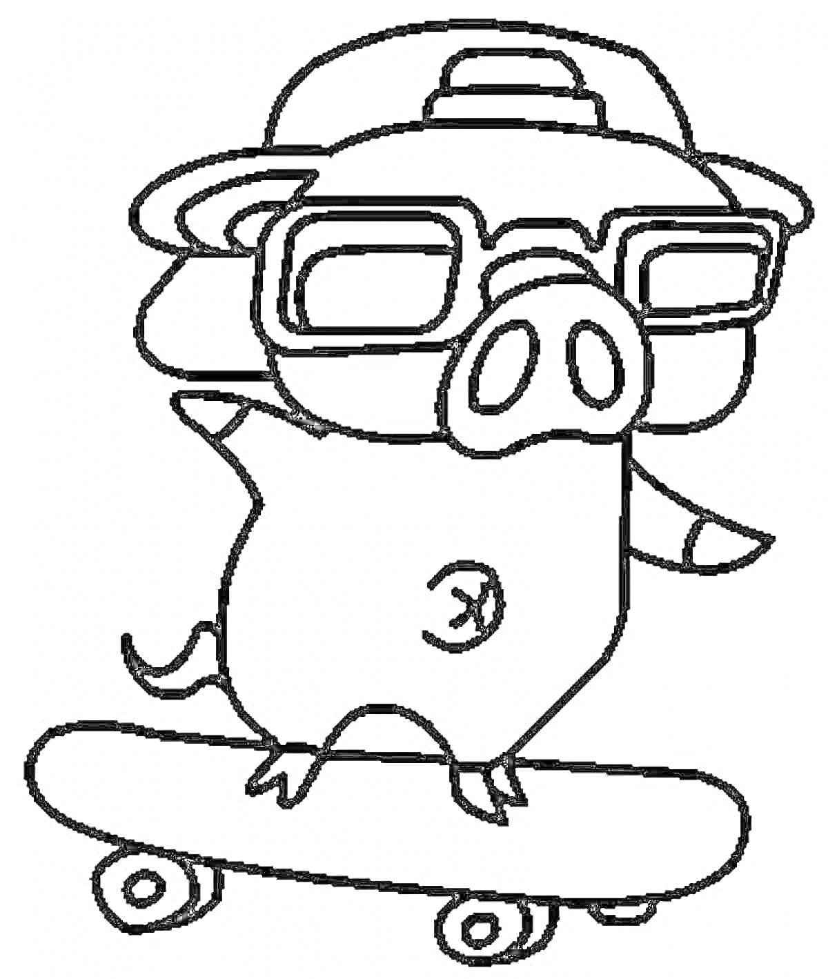 Раскраска Поросёнок на скейтборде с кепкой и очками