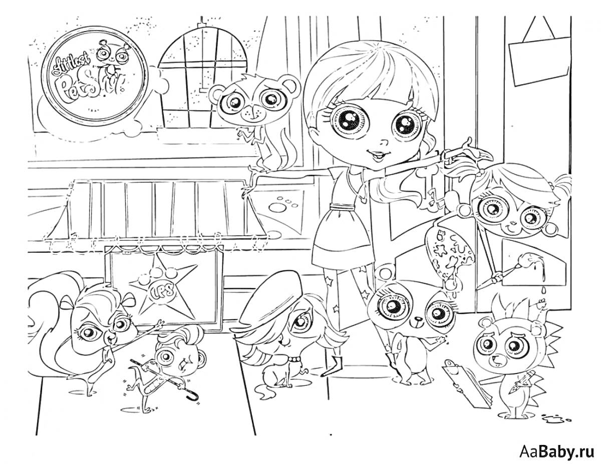 На раскраске изображено: Девочка, Скрипка, Животные, Помещение, Ковер, Музыкальные инструменты